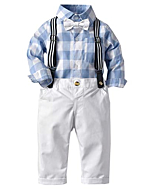 Baby Boy's Tuxedo Clothes, Long Sleeves Plaids Button Down Dress Shirt with Bow Tie + Suspender Pants Set Outfit Clothing for Infant Newborn Toddlers, S03 Light Blue, Tag 60 = 3 - 9 Months