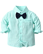 SANGTREE Baby Boy's Formal Outfit, Button Down Stripes Dress Shirt with Bow Tie + Suspender Pants Set for Toddlers Baby & Little Boys, 2 Pieces Baby Gift Clothes, Green, Tag 110 = 2-3 Years