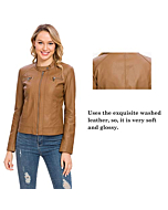 Fahsyee Women's Faux Leather Jackets, Zip Up Motorcycle Short PU Moto Biker Outwear Fitted Slim Coat Size M Camel