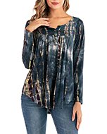 AMCLOS Womens Tops V Neck T-Shirts Ruffle Button up Tunic Casual Flowy Loose Long Sleeve(Tie-Dye-Green,S)