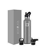 IRON °FLASK Sports Water Bottle - 24 Oz, 3 Lids (Straw Lid), Leak Proof, Vacuum Insulated Stainless Steel, Hot Cold, Double Walled, Thermo Mug, Standard Metal Canteen