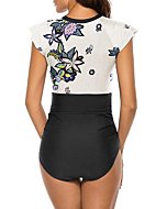 Wolddress Womens Zipper Front Tummy Control Ruched One Piece Swimsuit Swimwear White Flower M