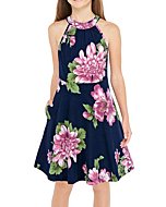 GORLYA Girl's Halter Neck Cold Shoulder Sleeveless Summer Casual Sundress A-line Dress with Pockets for 8 Years (GOR1013, 7-8Y, Green)