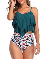 Womens Tankini Swimsuits High Waisted Bathing Suits Tummy Control Ruffled Top Swimwear Two Piece Swimming Suits 01 Blue Pink 10-12