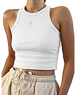 Meladyan Women's Round Neck Basic Racerback Camisole Rib-Knit Solid Sleeveless Crop Tank Tops (Medium, White)