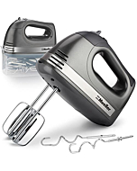 Mueller Electric Hand Mixer, 5 Speed 250W Turbo with Snap-On Storage Case and 4 Chrome-plated Steel Accessories for Easy Whipping, Mixing Cookies, Brownies, Cakes, and Dough Batters