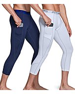 ATHLIO Mens Compression Pants Running Tights Workout Leggings, Cool Dry Technical Sports Baselayer, Pocket 2pack Capris Navy/White, Medium