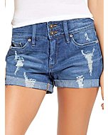 Ripped denim shorts with folded hems from Bestmarket Women's Jeans. These stylish and comfortable shorts are perfect for summer and can be dressed up or down.