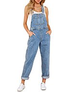 Vetinee Women's Dark Blue Classic Adjustable Straps Pockets Boyfriend Denim Bib Overalls Jeans Pants Medium