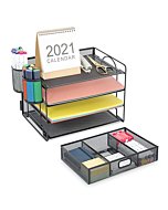 Marbrasse 4-Trays Desktop File Organizer with Pen Holder | Paper Letter Tray with Drawer and 2 Pen Holder | Mesh Office Supplies Desk Organizer for Home Office (Black)