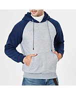 Men's Contrast Raglan Long-Sleeve Pullover Blend Fleece Hoodie with Kanga Pocket, Navy-L