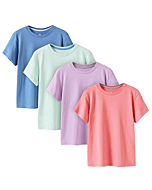 LAPASA Kids T-Shirts Pure Cotton 4-Pack, Short Sleeve White Tees Boy & Girl, 100% Non-Allergenic Cotton Crew Neck Unisex K01,Pink+Light Purple+Sky Blue+Light Green,5-6Y