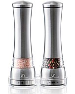 Salt and Pepper Grinder Set - Stainless Steel Pepper Grinder and Salt Grinder with Tray in Luxurious Gift-Box - Manual Mills with Ceramic Grinders and Adjustable Coarseness (Set of 2 plus Tray)