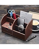 Gallaway Leather Desk Organizer - Office Stationery Storage Box Organizer, Holds Desk Supplies Like Business Card, Pen, Pencil Mobile Phone, Office Accessories (Brown, Large)