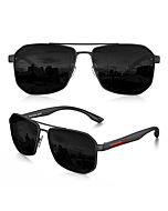 LUENX Aviator Sunglasses for Men Square Polarized Polygon Black Lens Matte Black Frame - UV 400 Protection with Accessories