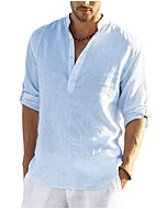 COOFANDY Men's Cotton Linen Henley Shirt Long Sleeve Hippie Casual Beach T Shirts (Large, Blue-001)