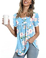 POPYOUNG Women's Summer Henley Shirts V Neck Button up Tunic Tops Casual Short Sleeve Blouse T-Shirts L, Floral Blue