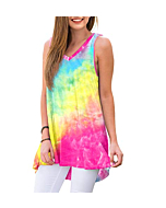 AWULIFFAN Women's Summer Sleeveless V-Neck T-Shirt Short Sleeve Sleepwear Tunic Tops Blouse Shirts (Tie Dye Colorful Light Yellow,Small)