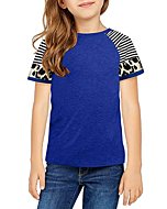 Dokotoo Girls Short Sleeve Shirts Stripes Leopard Print Colorblock Sweat Girls' Tops, Tees & Blouse Cute Baby Kids Back School Gifts T Shirt for Teen Girls Blue Size 4-5