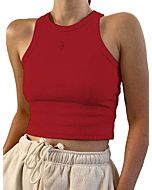 Meladyan Women's Round Neck Basic Racerback Camisole Rib-Knit Solid Sleeveless Crop Tank Tops Red