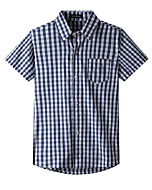 Spring&Gege Boys' Short Sleeve Poplin Button Down Shirt Plaid Uniform Dress Shirts, Navy Blue Large Check Gingham,7-8 Years