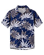 Spring&Gege Boys' Short Sleeve Button Down Fun Hawaiian Shirt Cartoon Print Aloha Dress Shirts, Navy Blue Leaf, 7-8 Years