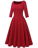 Dressystar Women Tea Length Bridesmaid Dress Aline Vintage Cocktail Party Dress with Pockets Sweetheart Neck 3/4 Sleeve 0088 Red S