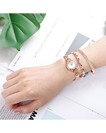 Clastyle Rose Gold Watch and Bracelet Set for Women Elegant Rhinestone Slim Wrist Watch with 2 Bangles Mother of Pearl Ladies Bracelet Watches Gift for Her