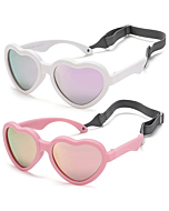 Flexible Heart Shaped Baby Polarized Sunglasses with Strap Adjustable Toddler & Infant Age 0-24 Months (White/Purple Mirrored + Pink/Pink Mirrored) - 2 Pack