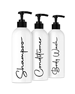 Alora 16oz Refillable Shampoo and Conditioner Dispenser Bottles - Set of 3 - Stylish Labels - Pump Bottle Dispenser for Shampoo, Conditioner, Body Wash - Empty Plastic Refillable Containers for Shower