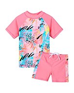 Girls Rash Guard Swimsuit Two Piece Floral Bathing Suit UPF 50+ UV Swimwear 3-12Y S342_Peach_14A