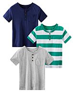 Spring&Gege Toddler Boys' 3-Pack Short Sleeve Henley T-Shirts Cotton Pocket Tee Shirts, Grey, Navy Blue, Green and White Stripes, Size 7-8 Years