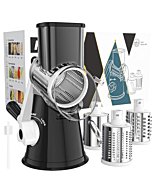 Cambom Rotary Cheese Grater Hand Crank Cheese Shredder for Fresh Cheese, Vegetable, Nuts,Non-slip Suction Base, Free Cleaning Brush Three Blades, Black