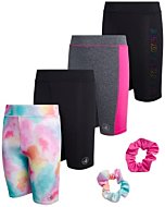 Body Glove Girls' Active Shorts - 4 Pack Performance Bike Shorts with Scrunchie (7-12), Size 7, Tie Dye/Black/Grey/Black