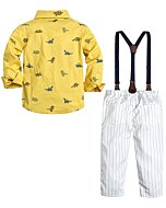 Toddler Baby Boys Gentleman Outfit Suits, Long Sleeves Dress Shirt with Bowtie + Suspender Pants Clothes Set， Yellow Dino + White Striped， 2-3 Years = Tag 110