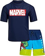 Marvel Boys' Avengers UPF 50+ Rash Guard Set - Captain America, Iron Man Swim Shirt and Trunks (2T-12), Size 3T, Navy Avengers Multi Stripe