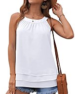 GRECERELLE Womens Halter Tops Casual Sleeveless Tank Tops Pleated Chiffon Vest Shirts Round Neckline Fashion Layered Blouse for Women White-Small