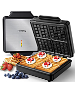 FirstBuy Belgian Waffle Maker, 1200W Waffle Iron with Indicator Lights for Breakfast, 4 Slices Square Non-Stick Waffle Machine with Cord-wrap for Family Use, Black