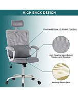 Smugdesk Ergonomic Mesh High Back Chair with Lumbar Support, Adjustable Headrest, Armrests, and Wheels, for Office Desk, Gaming Setup, and More, Gray