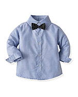 Boys Dress Clothes Set, 2PCS Striped Formal Shirt with Bowtie + Suspender Pants Clothing Set for Boys， Blue + White， 2-3 Years = Tag 110