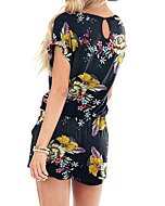 Womens Summer Black Floral Casual Front Tie Short Cute Rompers Jumpsuits with Pockets L