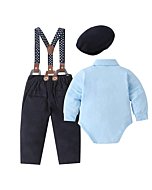 Baby Boy Clothes Set Infant Tuxedo Long Sleeve Gentleman Suit Outfits + Beret Hat + Suspender Pants + Bowtie 0-18M