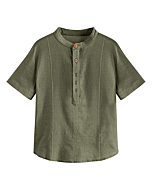 Teurkia Boys Button Up Henley Shirt Short Sleeve Lightweight Linen Cotton Top Army Green