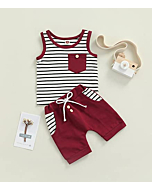 Toddler Baby Boys Clothes Summer Outfit Striped Print Sleeveless Vest Tops Drawstring Shorts Set (Brick Red , 3-6 Months )