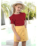 Kingdenergy Girls T Shirt Ruffles Short Sleeve Shirts Tops Casual Plain Tees Summer Clothes with Pocket Red