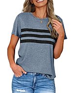 LEANI Women’s Short Sleeve T Shirts Crewneck Striped Color Block Tunic Tops Loose Casual Summer Tee Blue S