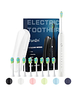 7am2m Sonic Electric Toothbrush for Adults and Kids, with Travel Case and 8 Brush Heads, 5 Modes with 2 Minutes Build in Smart Timer, Roman Column Handle Design (White)