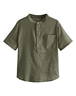 Inorin Boys Button Up Henley Shirt Short Sleeve Lightweight Summer Linen Cotton Dress Shirts Tees Tops with One Pocket Army Green