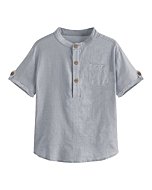 Malliosse Boys Short Sleeve Henley Shirt Button Up Linen Cotton Dress Shirts Tees Tops with One Pocket Grey