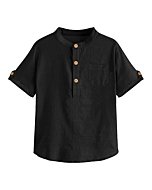 Malliosse Boys Short Sleeve Henley Shirt Button Up Linen Cotton Dress Shirts Tees Tops with One Pocket Black